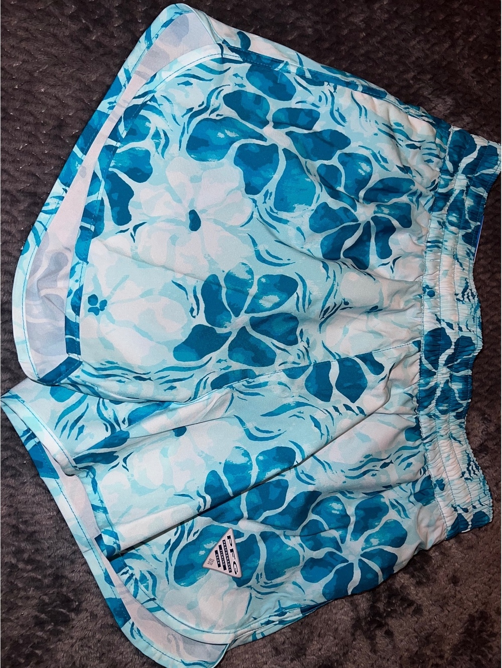 Columbia athletic shorts, Hawaiian blue flower, women’s XS